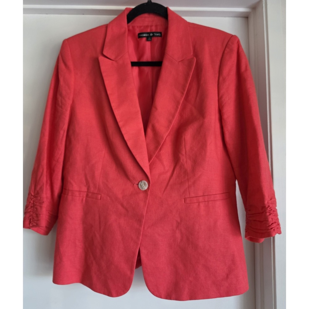 Preston & York Jacket Size 10 Red Solid 3/4 Sleeve Linen Blazer Coat - Picture 1 of 5
